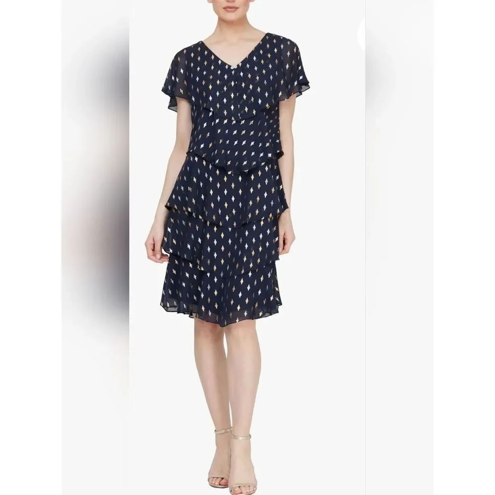 SLNY Navy Blue Tiered Dress WIth Metallic Details. Date Night. Evening.